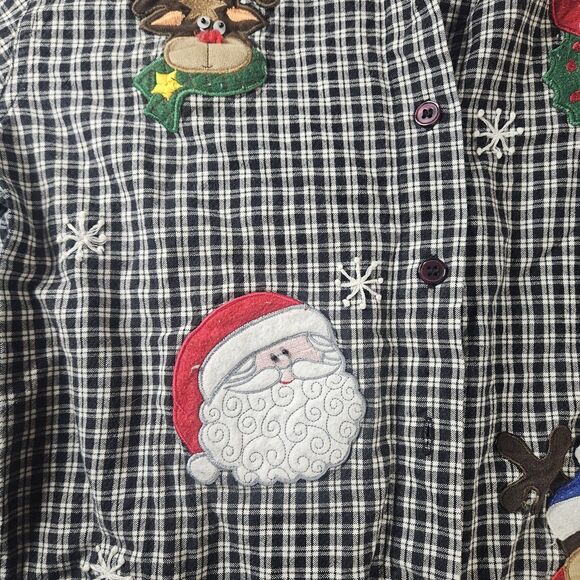 Vintage Women S Christmas Button Up Black White Plaid Reindeer Santa Embroidered - Picture 3 of 13